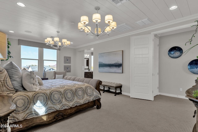 bedroom with ornamental molding, an inviting chandelier, and carpet flooring