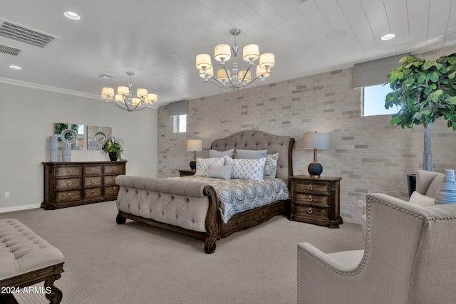 carpeted bedroom featuring brick wall, an inviting chandelier, and ornamental molding