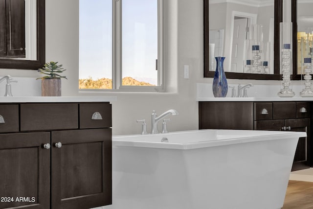 bathroom featuring crown molding, wood-type flooring, a washtub, and vanity