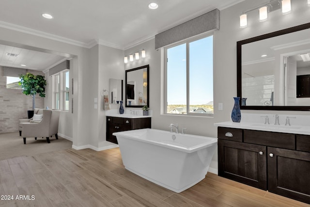 bathroom with a bath, ornamental molding, and vanity