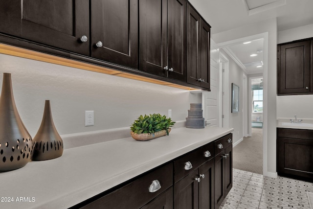 kitchen with sink, crown molding, light carpet, and dark brown cabinets