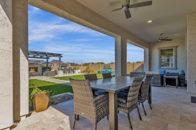 view of patio featuring ceiling fan, outdoor lounge area, and a pergola