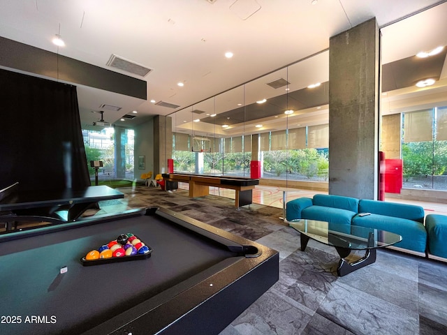 rec room with visible vents, a healthy amount of sunlight, and pool table