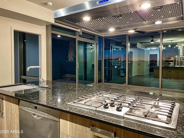 kitchen featuring dark stone countertops, appliances with stainless steel finishes, exhaust hood, and a sink