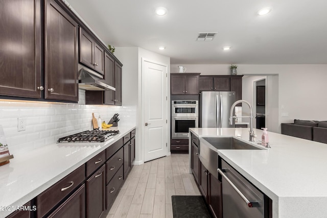 17311 W Seldon Ln, Waddell, AZ 85355 - kitchen featuring appliances with stainless steel finishes, under cabinet range hood, a sink, dark brown cabinets, and light wood-style floors
