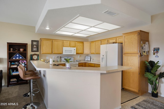 11360 E Keats Ave Unit 20, Mesa, AZ 85209 - kitchen with white appliances, carpet, a peninsula, and light countertops