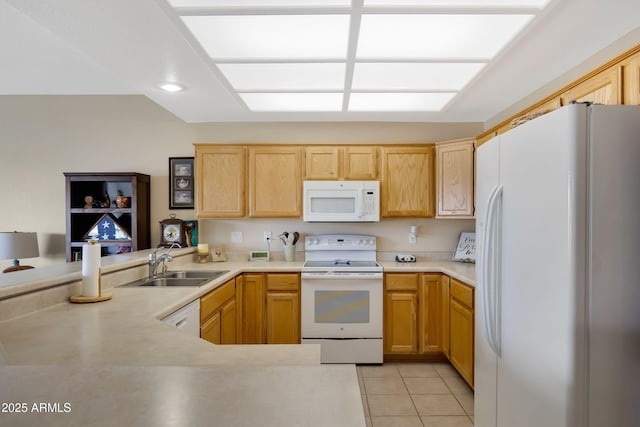 11360 E Keats Ave Unit 20, Mesa, AZ 85209 - kitchen featuring white appliances, light brown cabinets, a peninsula, light countertops, and light tile patterned flooring