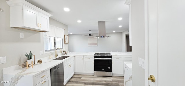 kitchen with stainless steel stove, dishwasher, sink, white cabinets, and island exhaust hood