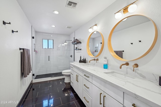 bathroom featuring toilet, a stall shower, double vanity, recessed lighting, and tile patterned flooring