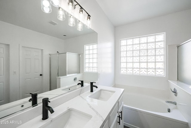 bathroom with vanity and separate shower and tub