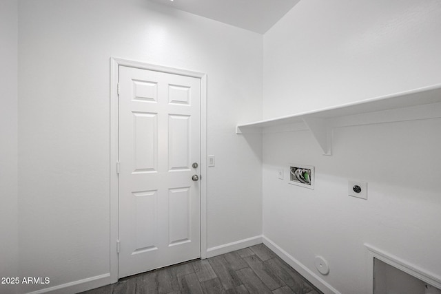 clothes washing area featuring hookup for a washing machine, dark hardwood / wood-style floors, hookup for an electric dryer, and hookup for a gas dryer