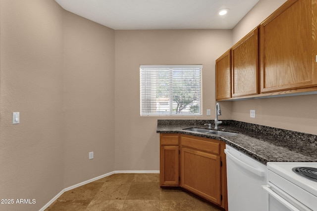 7101 W Beardsley Rd Unit 1502, Glendale, AZ 85308 - kitchen featuring a sink, white dishwasher, brown cabinetry, baseboards, and recessed lighting