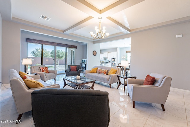 living room featuring beam ceiling and a notable chandelier