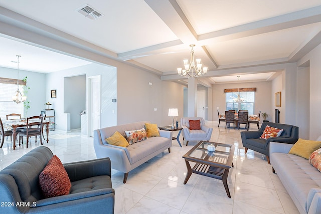 living room with beam ceiling, a chandelier, and coffered ceiling