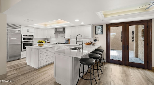 4450 E Camelback Rd Unit 4, Phoenix, AZ 85018 - kitchen featuring wall chimney exhaust hood, a tray ceiling, a sink, light wood finished floors, and stainless steel appliances