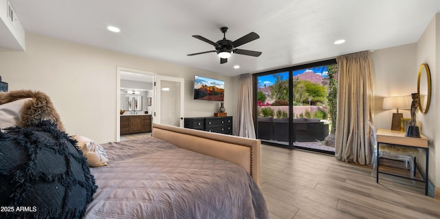 4450 E Camelback Rd Unit 4, Phoenix, AZ 85018 - bedroom featuring visible vents, light wood-style floors, ensuite bathroom, access to outside, and recessed lighting