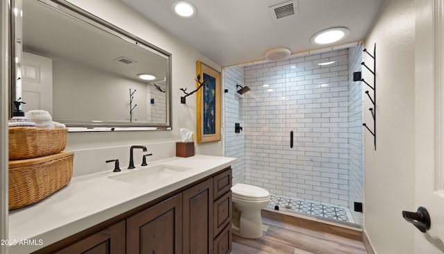 4450 E Camelback Rd Unit 4, Phoenix, AZ 85018 - bathroom with visible vents, vanity, wood finished floors, toilet, and a shower stall