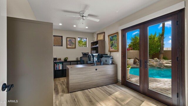 4450 E Camelback Rd Unit 4, Phoenix, AZ 85018 - entryway with french doors, a ceiling fan, recessed lighting, and light wood-type flooring