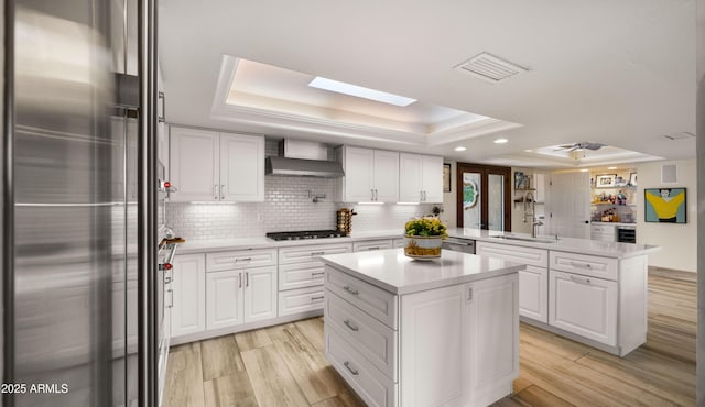4450 E Camelback Rd Unit 4, Phoenix, AZ 85018 - kitchen with a peninsula, wall chimney range hood, a tray ceiling, a sink, and stainless steel appliances