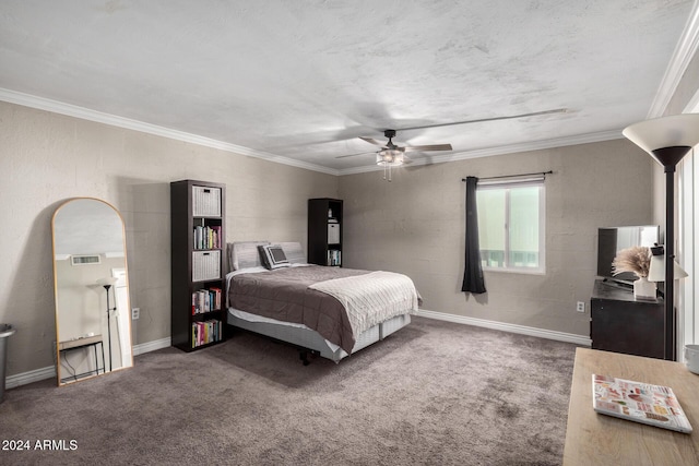 bedroom featuring ceiling fan, crown molding, and carpet