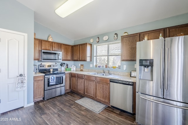 kitchen featuring lofted ceiling, stainless steel appliances, dark hardwood / wood-style floors, and sink