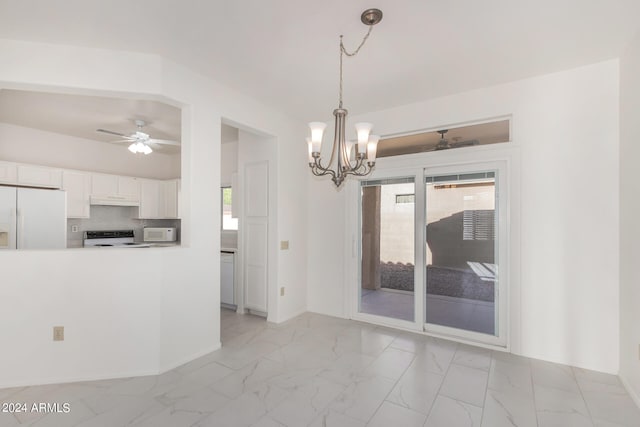 kitchen with white appliances, ceiling fan with notable chandelier, backsplash, decorative light fixtures, and white cabinets