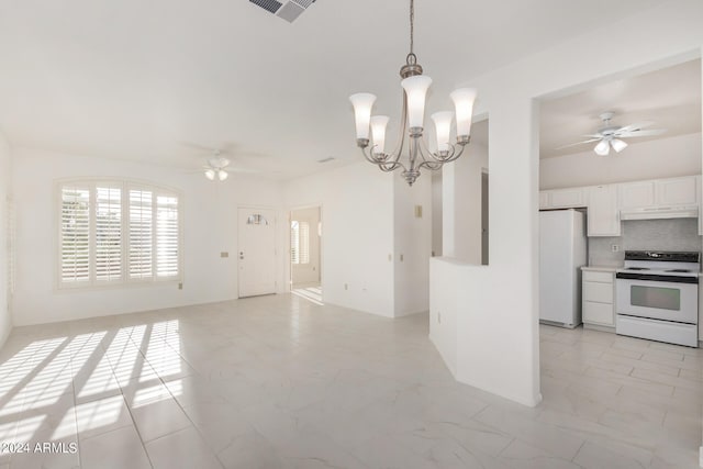 kitchen with white cabinets, tasteful backsplash, hanging light fixtures, exhaust hood, and white appliances