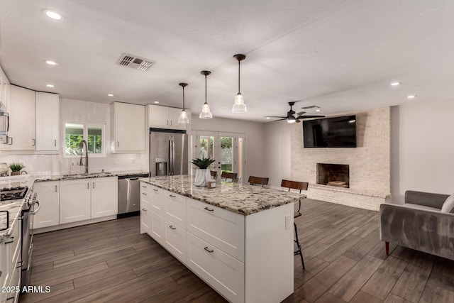 kitchen featuring a ceiling fan, visible vents, a sink, dark wood-style floors, and stainless steel appliances