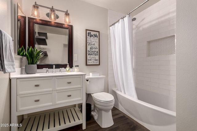 full bath with vanity, shower / bathtub combination with curtain, toilet, and wood finished floors