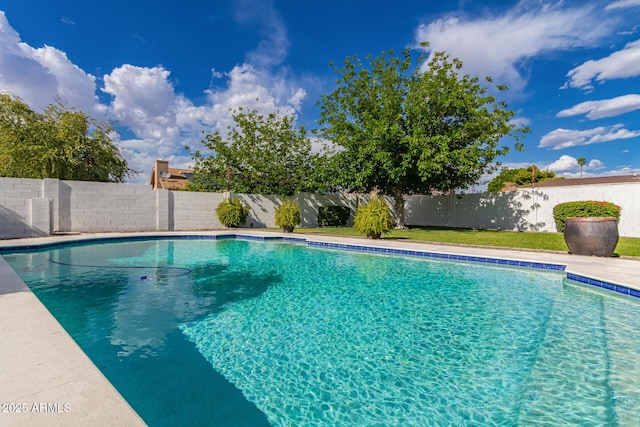 view of swimming pool featuring a fenced backyard and a fenced in pool