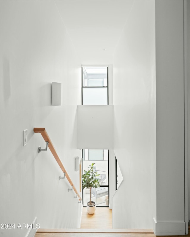 stairs with hardwood / wood-style flooring