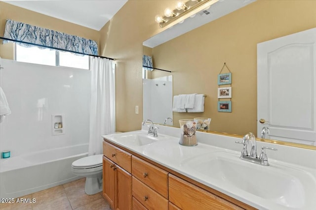 full bathroom featuring shower / bathtub combination with curtain, tile patterned floors, toilet, and vanity