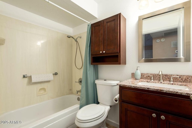 full bathroom featuring vanity, toilet, and shower / tub combo with curtain