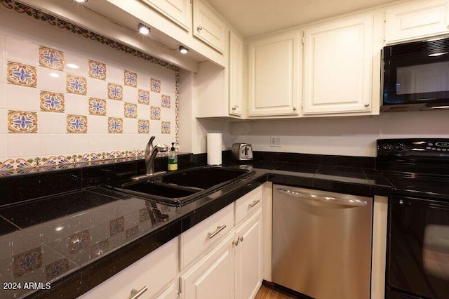 kitchen with white cabinets, black appliances, and sink