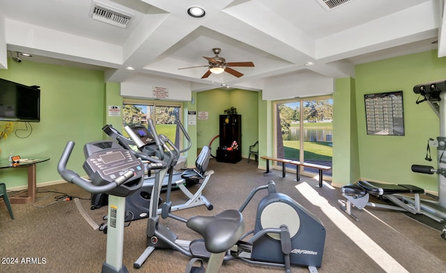 gym with ceiling fan and coffered ceiling