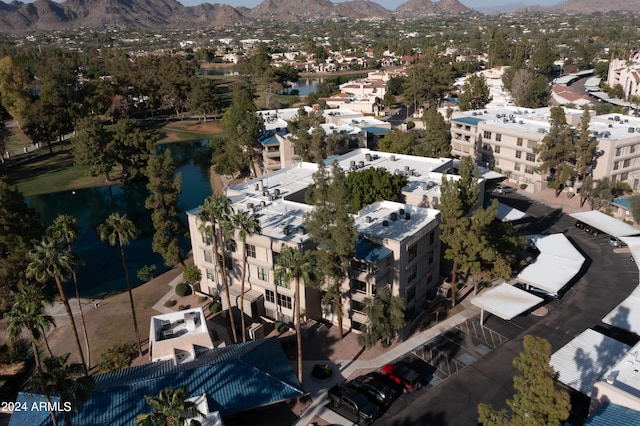 bird's eye view featuring a water and mountain view