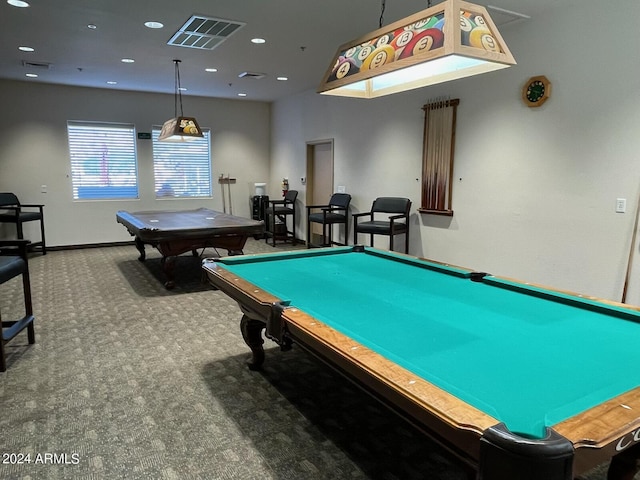 recreation room featuring visible vents, billiards, recessed lighting, carpet floors, and baseboards