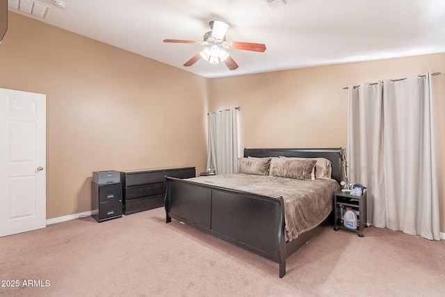 bedroom with light carpet, baseboards, a ceiling fan, and visible vents