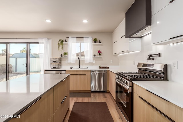 kitchen featuring stainless steel appliances, plenty of natural light, sink, and wall chimney exhaust hood