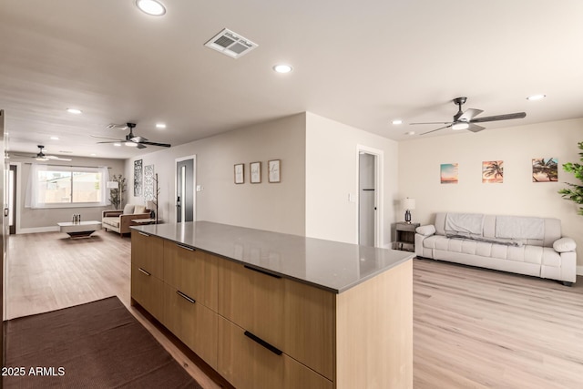 kitchen with ceiling fan, light hardwood / wood-style floors, and a spacious island