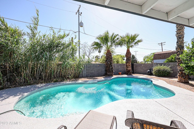 view of swimming pool featuring a fenced in pool, a fenced backyard, and a patio area