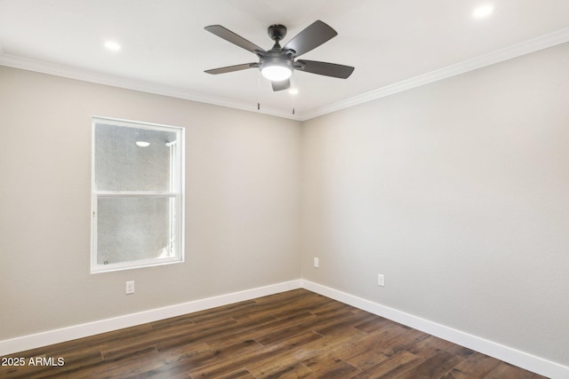 unfurnished room featuring dark wood-type flooring, ceiling fan, and ornamental molding