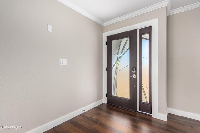 entrance foyer with crown molding and dark hardwood / wood-style floors