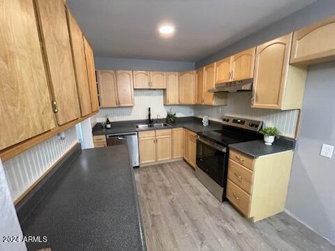 kitchen with dark countertops, under cabinet range hood, light brown cabinetry, stainless steel appliances, and a sink