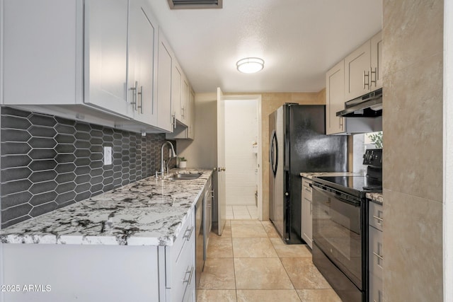 kitchen featuring electric range, sink, light stone countertops, decorative backsplash, and white cabinets