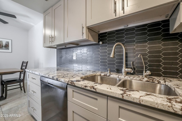 kitchen with backsplash, light stone counters, stainless steel dishwasher, sink, and light tile patterned floors