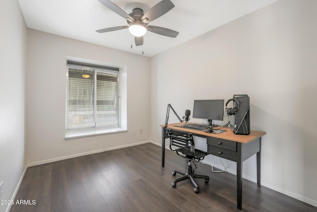 office space with ceiling fan and dark hardwood / wood-style flooring