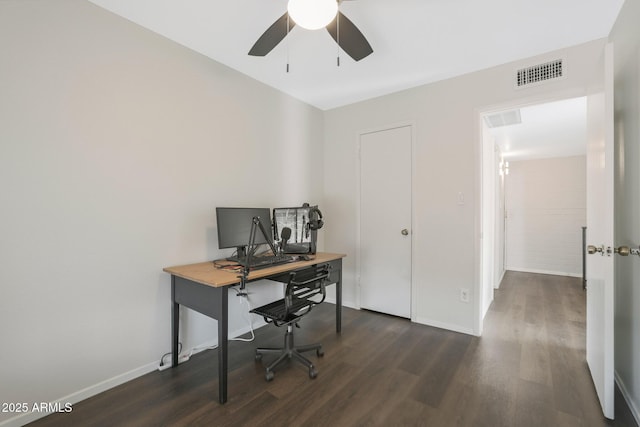 home office featuring ceiling fan and dark wood-type flooring