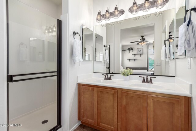4495 E Woodside Way, Gilbert, AZ 85297 - full bath with double vanity, a ceiling fan, a stall shower, and a sink