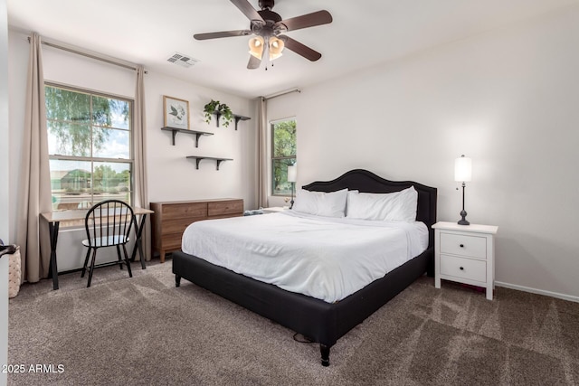 4495 E Woodside Way, Gilbert, AZ 85297 - bedroom featuring visible vents, a ceiling fan, carpet flooring, and multiple windows